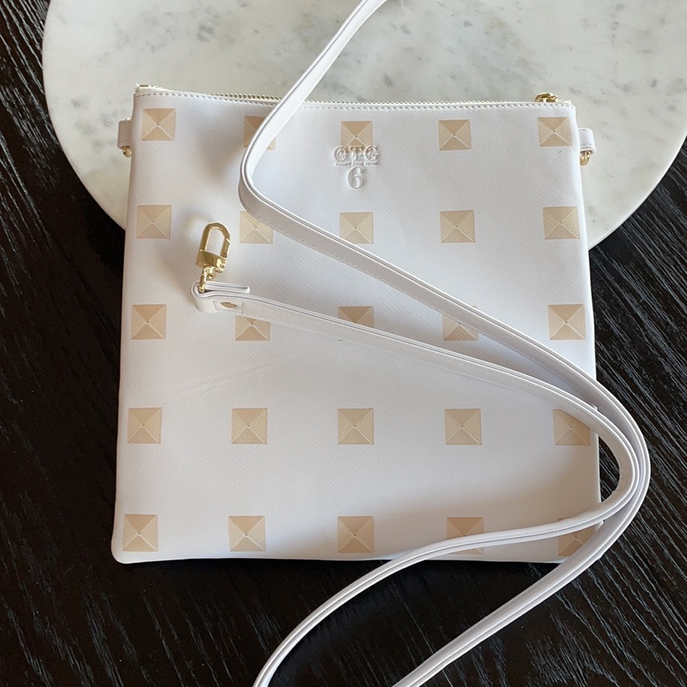 White Crossbody Bag with Gold Stud Pattern
